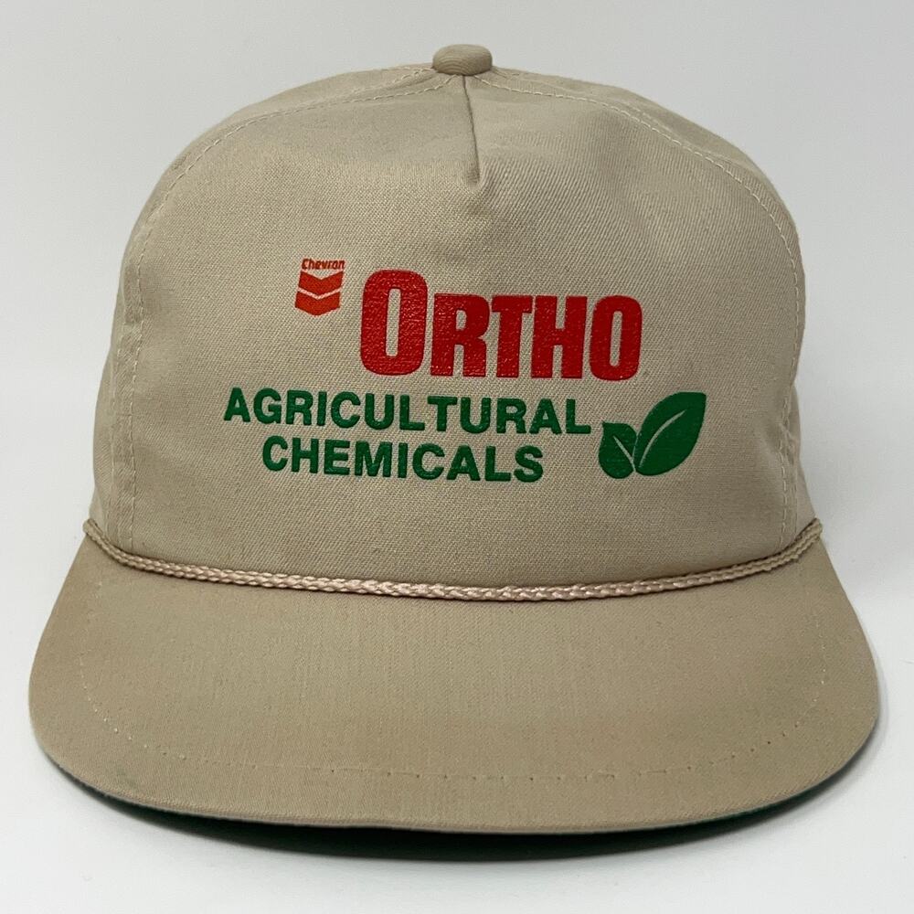 Vintage 80s Chevron Ortho Agricultural Chemicals Hat Baseball Cap K-Brand Beige